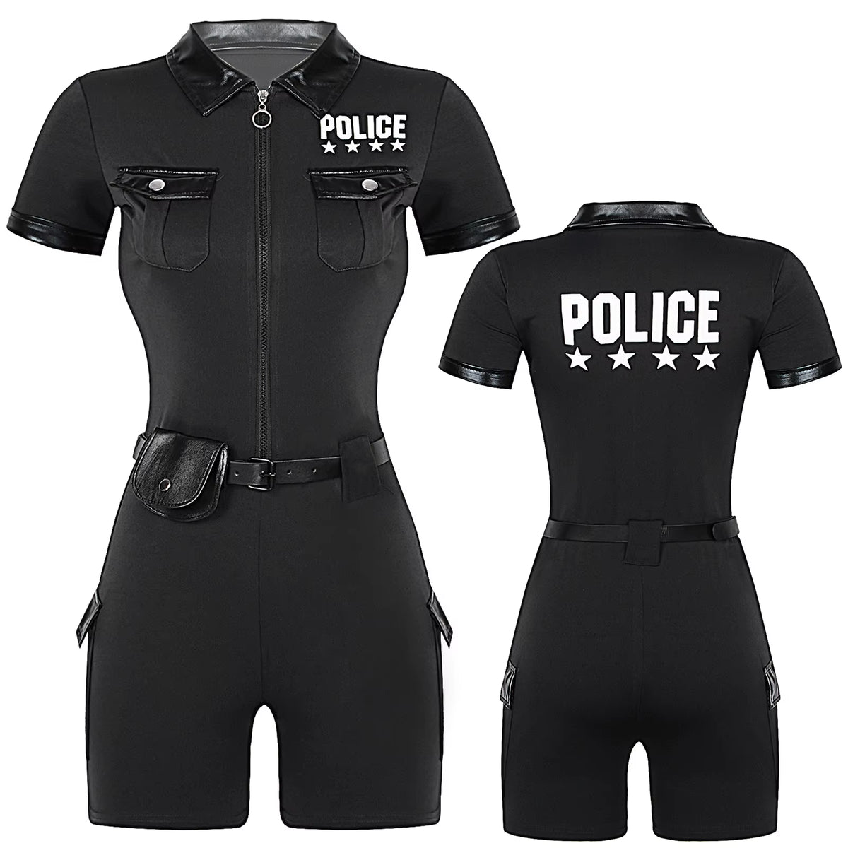 Women Police Cop Costume Policewomen Halloween Cosplay Suit Police Officer Uniform Short Sleeve Jumpsuit with Belt Purse Hat