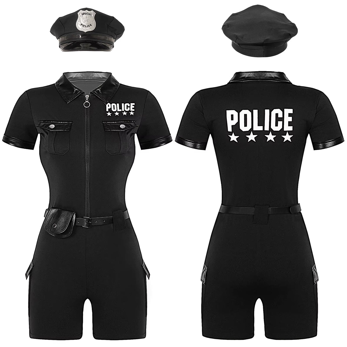 Women Police Cop Costume Policewomen Halloween Cosplay Suit Police Officer Uniform Short Sleeve Jumpsuit with Belt Purse Hat