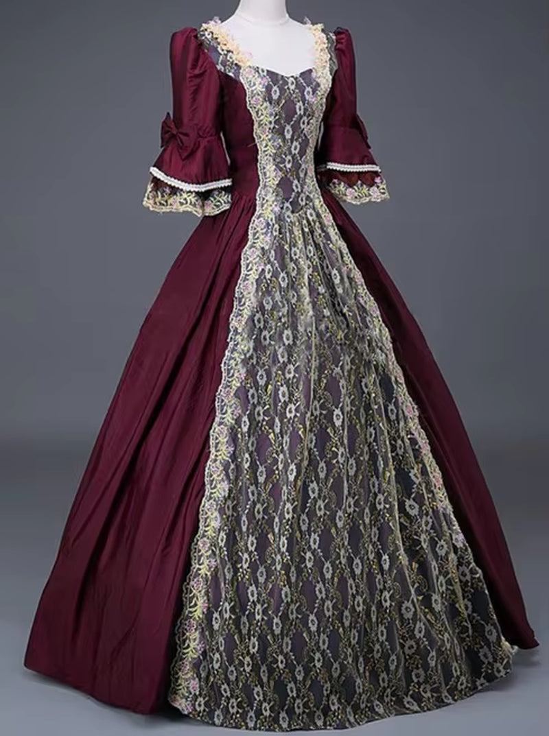 18Th Century Medieval Women High Waist Half Sleeve Ball Gowns Princess Lace Patchwork Satin Dress Queen Renaissance Costume