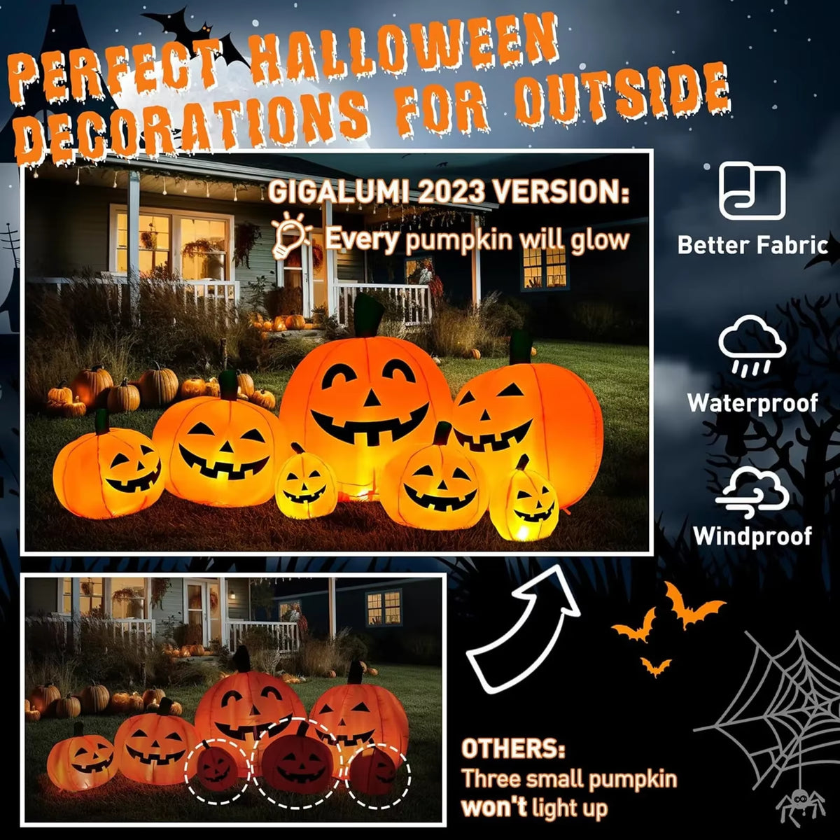 2.2M/7.5FT Inflatable Toy Halloween Pumpkin Pile Outdoor Decoration Halloween Festival 7 Pumpkins Built-In LED Light Garden Prop