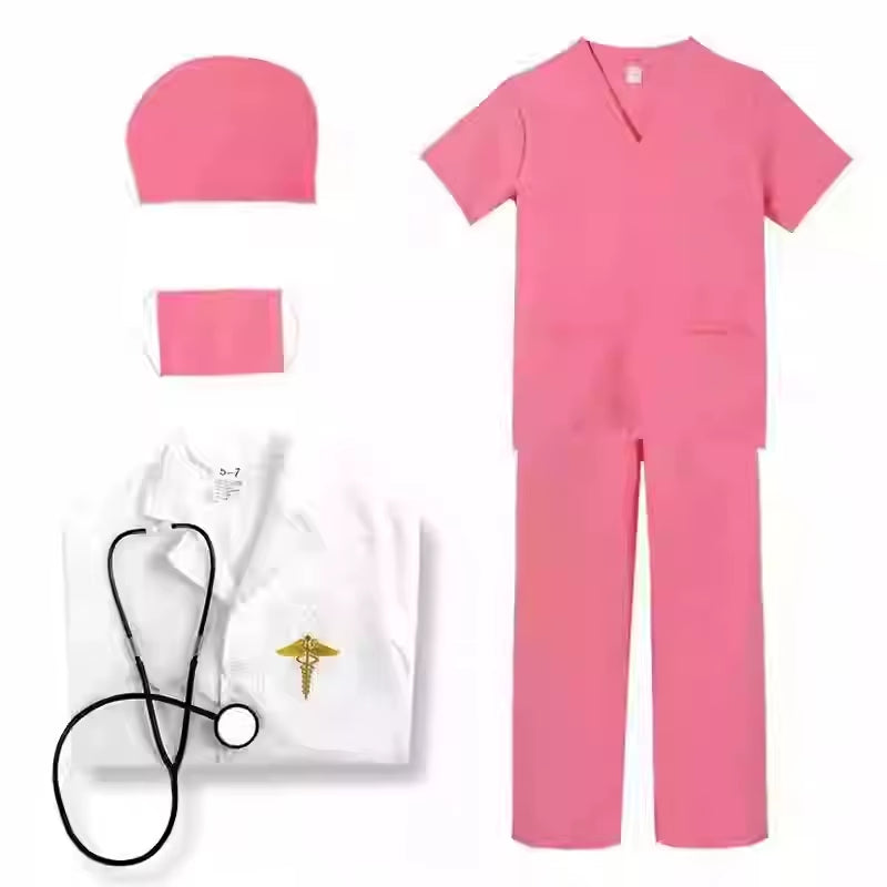 7PCS Unisex Doctor Nurse Costume Set for Role Play Pink/Green/Blue Medical Scrubs with Stethoscope Halloween Dress up Clothes
