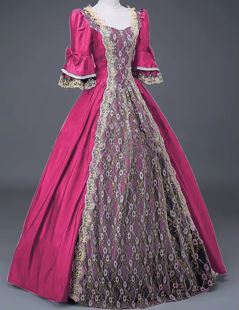 18Th Century Medieval Women High Waist Half Sleeve Ball Gowns Princess Lace Patchwork Satin Dress Queen Renaissance Costume