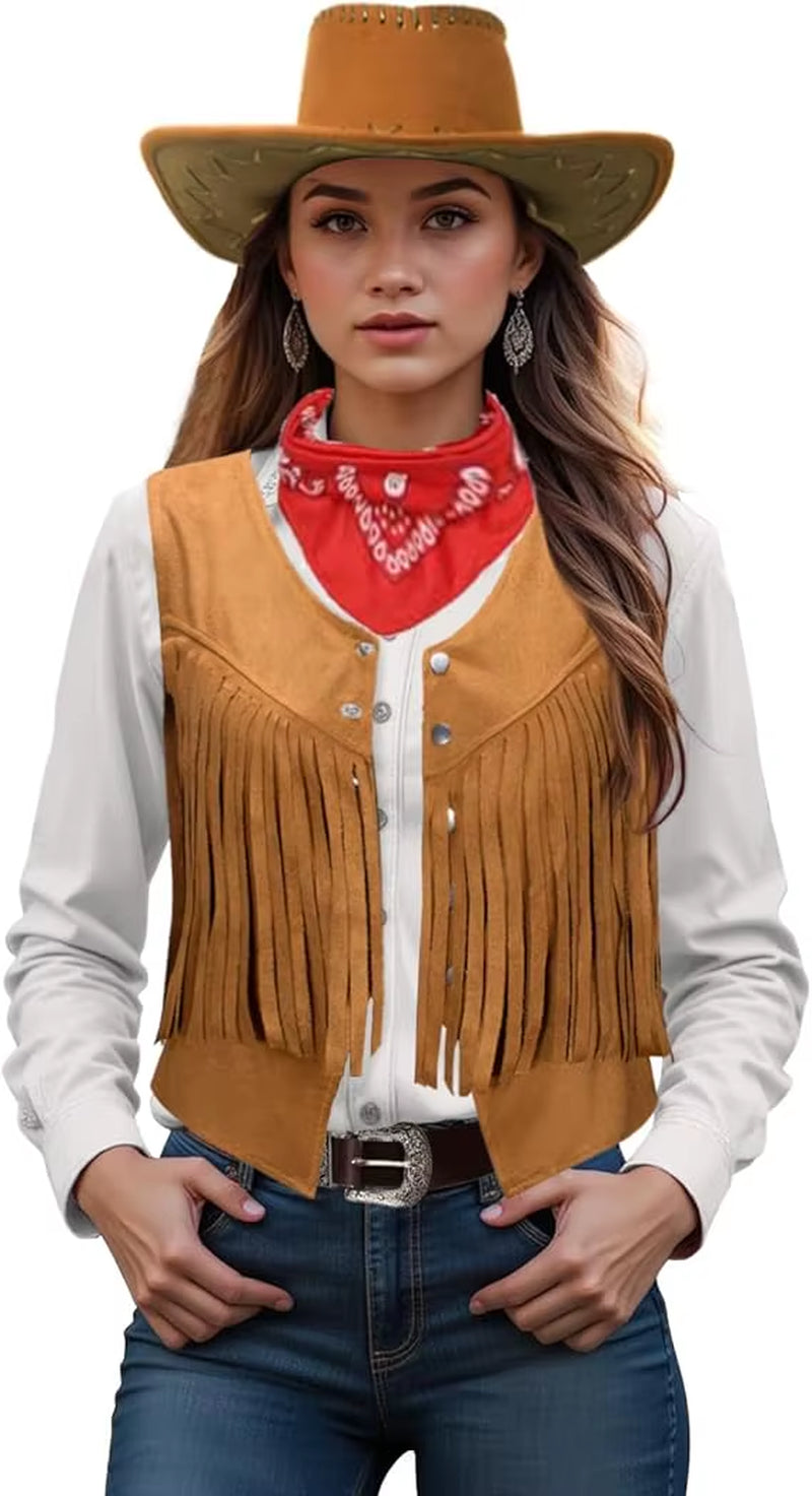 Women Men Cowgirl Costume Western Vest Hat Belt Bandana Set for Cowboy Tassels Fringe Vest Halloween Outfits Wild West Cosplay