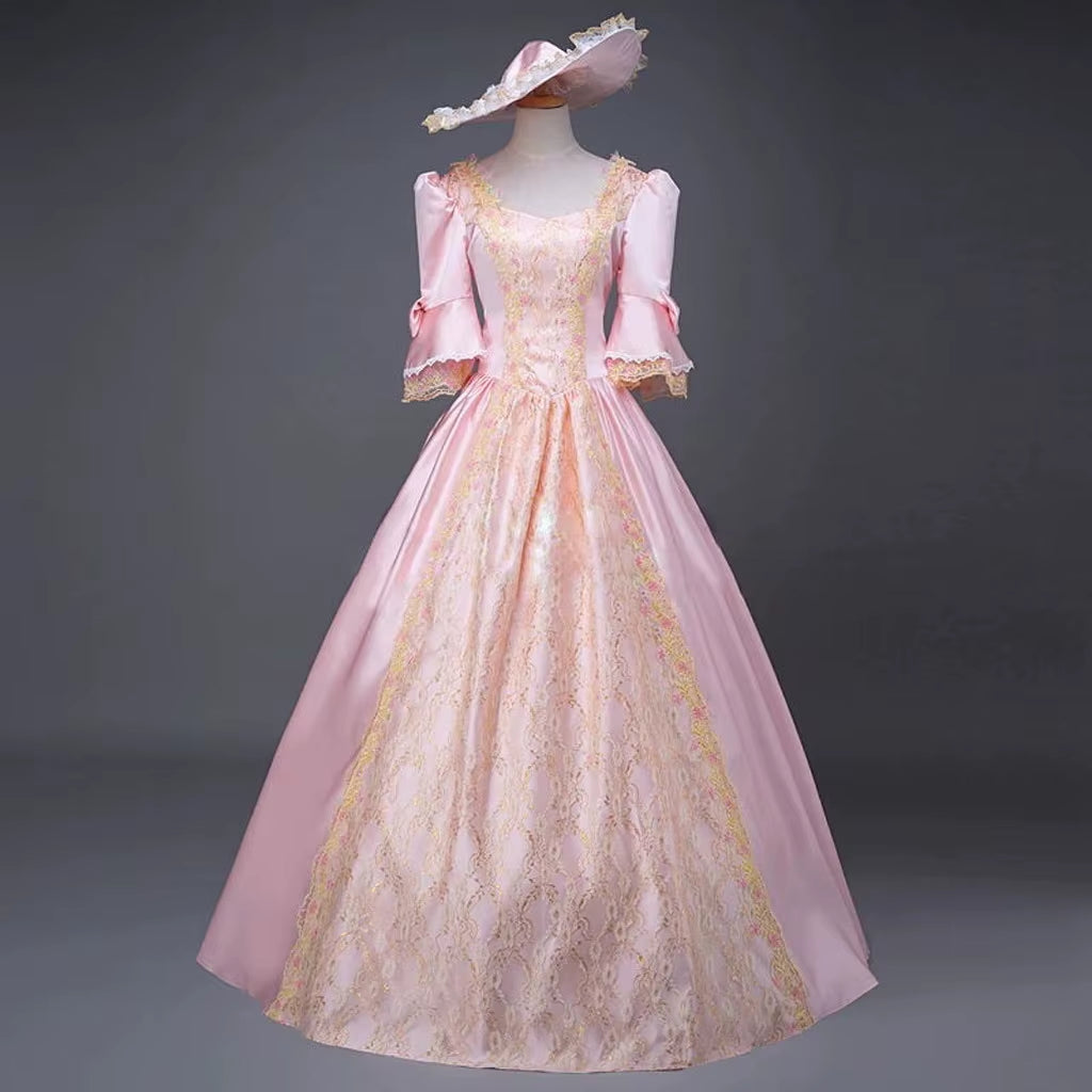 18Th Century Medieval Women High Waist Half Sleeve Ball Gowns Princess Lace Patchwork Satin Dress Queen Renaissance Costume