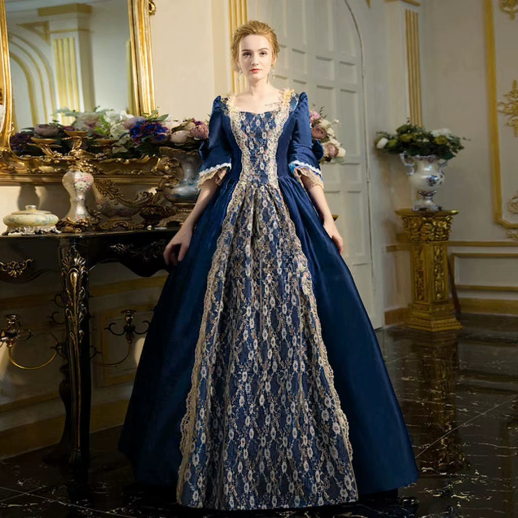 18Th Century Medieval Women High Waist Half Sleeve Ball Gowns Princess Lace Patchwork Satin Dress Queen Renaissance Costume