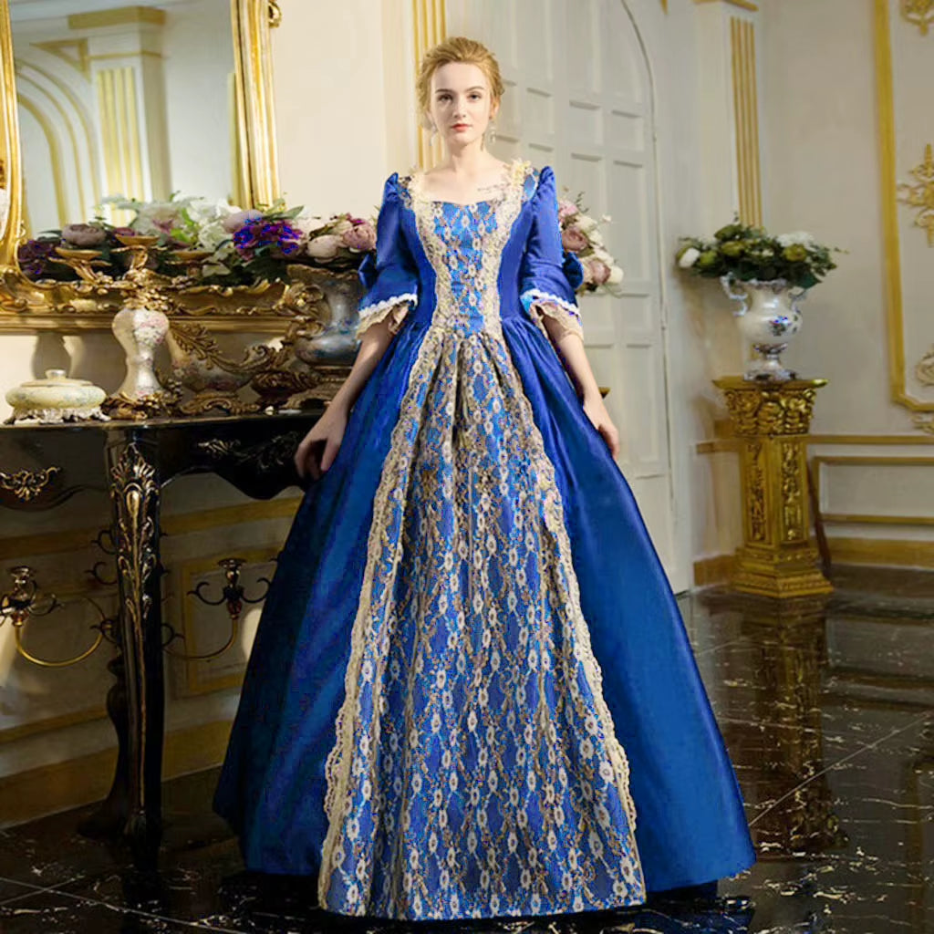 18Th Century Medieval Women High Waist Half Sleeve Ball Gowns Princess Lace Patchwork Satin Dress Queen Renaissance Costume