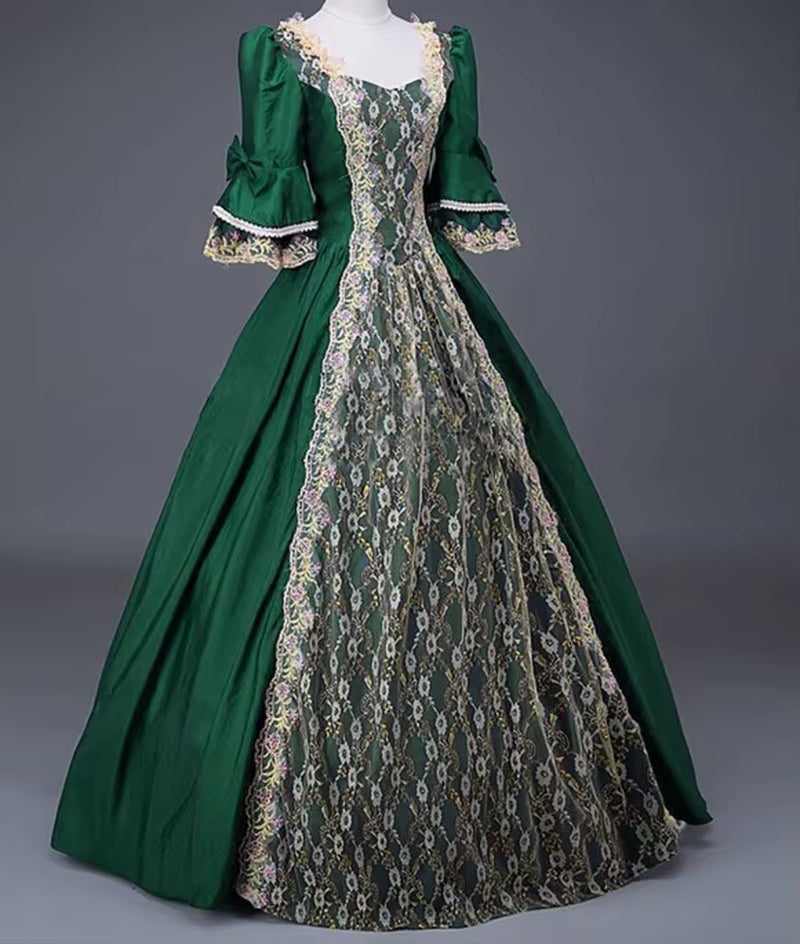 18Th Century Medieval Women High Waist Half Sleeve Ball Gowns Princess Lace Patchwork Satin Dress Queen Renaissance Costume
