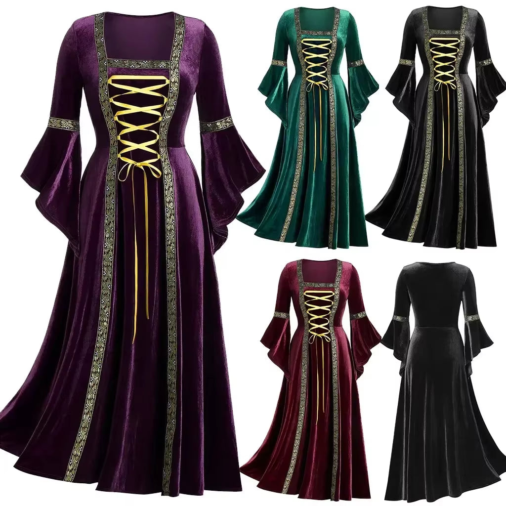 Halloween Women Dress Costumes for Women Long Sleeve Medieval Cosplay Vintage Vampire Witch Victorian Gothi Bandage Dress