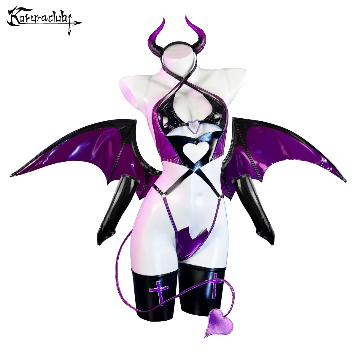 KORURACLUB Women'S Sexy Purple Little Devil Cosplay Costume Red Bat Wings Polyurethane Lingerie