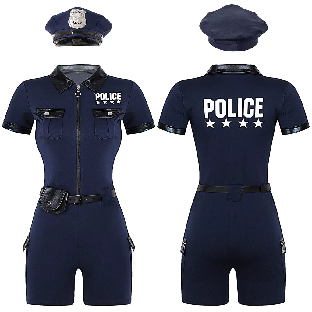 Women Police Cop Costume Policewomen Halloween Cosplay Suit Police Officer Uniform Short Sleeve Jumpsuit with Belt Purse Hat
