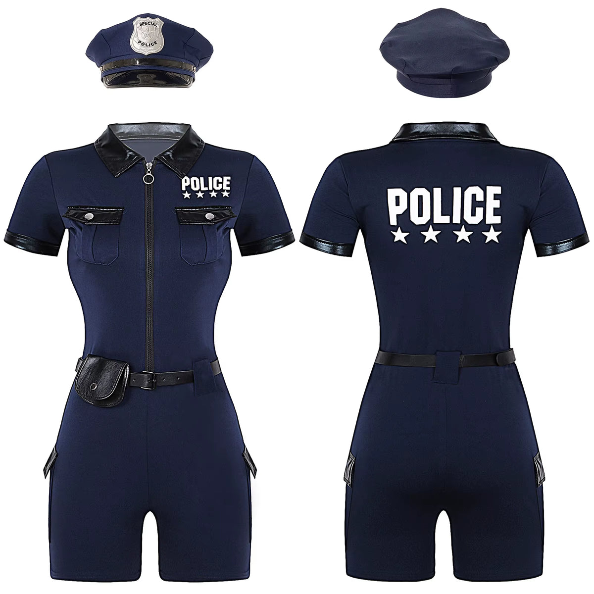 Women Police Cop Costume Policewomen Halloween Cosplay Suit Police Officer Uniform Short Sleeve Jumpsuit with Belt Purse Hat