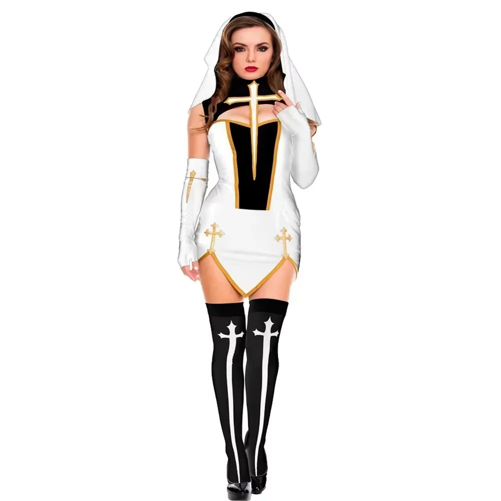Women'S Sexy Nun Cosplay Costume Carnival Halloween Fantasia Fancy Dress