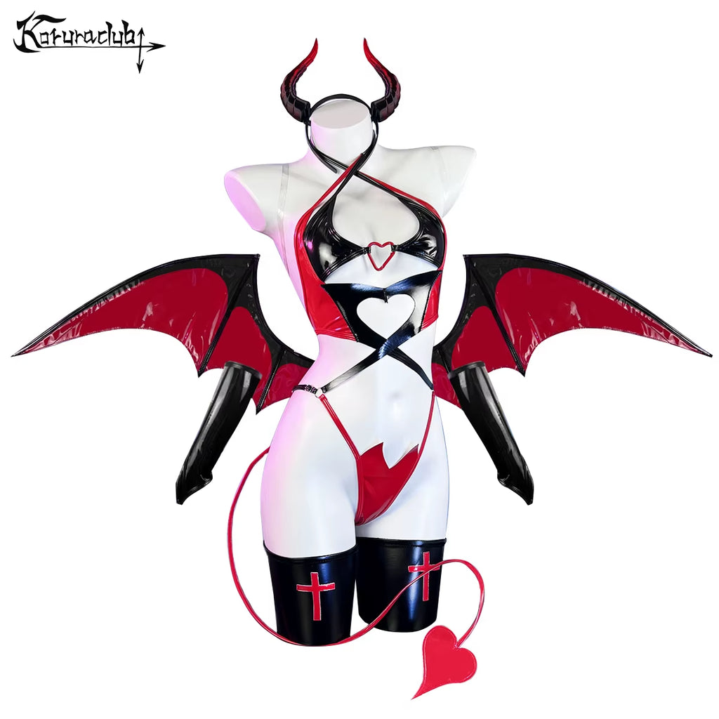 KORURACLUB Women'S Sexy Purple Little Devil Cosplay Costume Red Bat Wings Polyurethane Lingerie