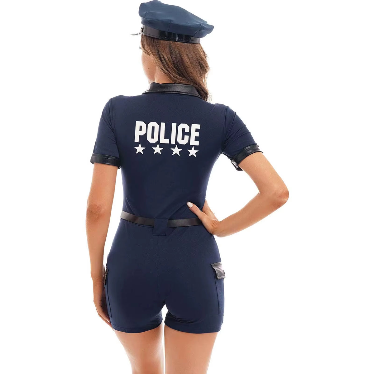 Women Police Cop Costume Policewomen Halloween Cosplay Suit Police Officer Uniform Short Sleeve Jumpsuit with Belt Purse Hat