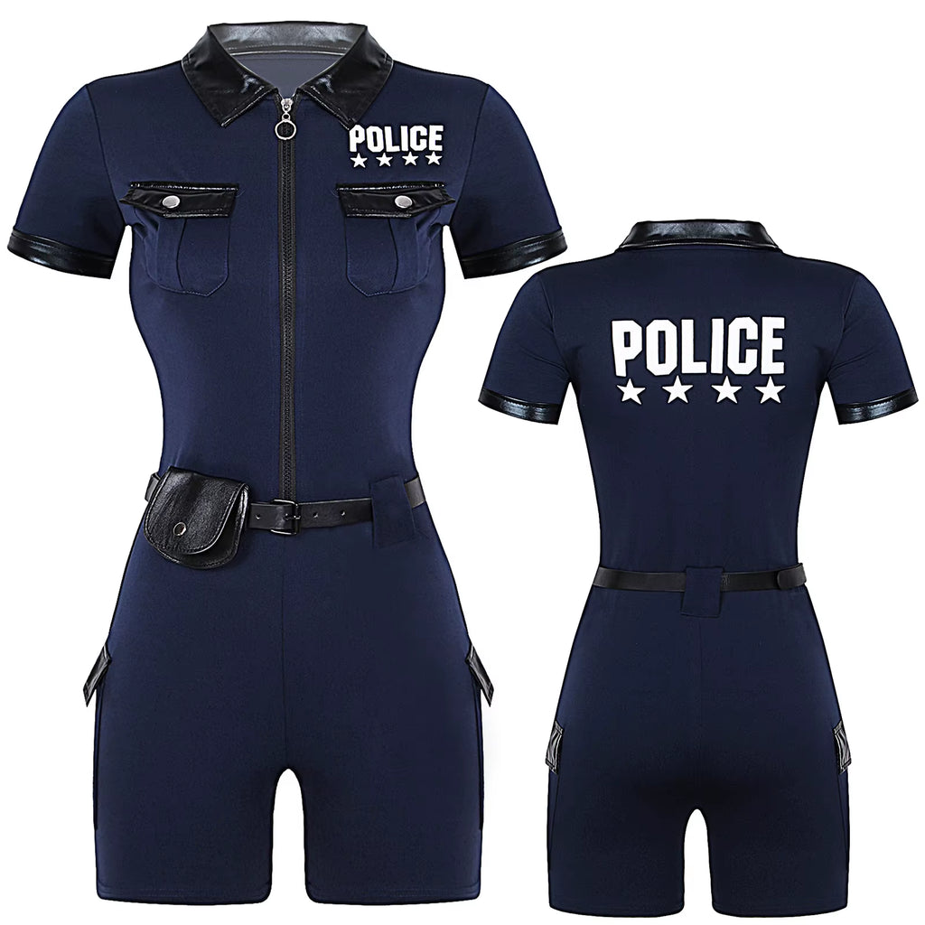Women Police Cop Costume Policewomen Halloween Cosplay Suit Police Officer Uniform Short Sleeve Jumpsuit with Belt Purse Hat