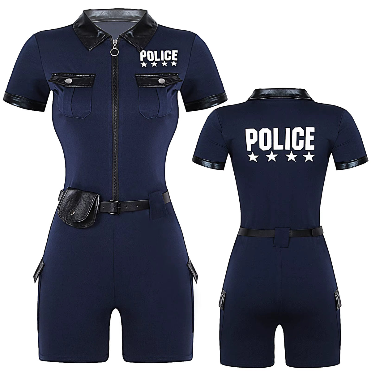 Women Police Cop Costume Policewomen Halloween Cosplay Suit Police Officer Uniform Short Sleeve Jumpsuit with Belt Purse Hat