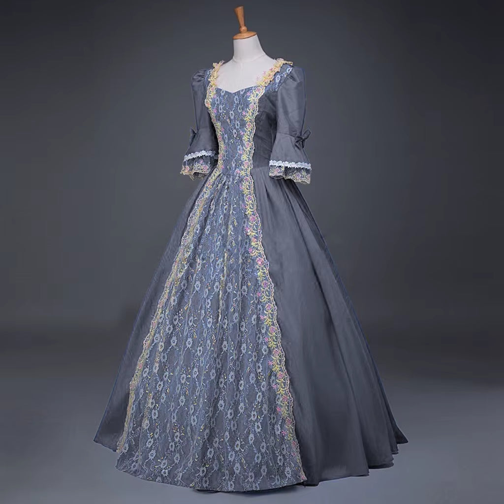 18Th Century Medieval Women High Waist Half Sleeve Ball Gowns Princess Lace Patchwork Satin Dress Queen Renaissance Costume