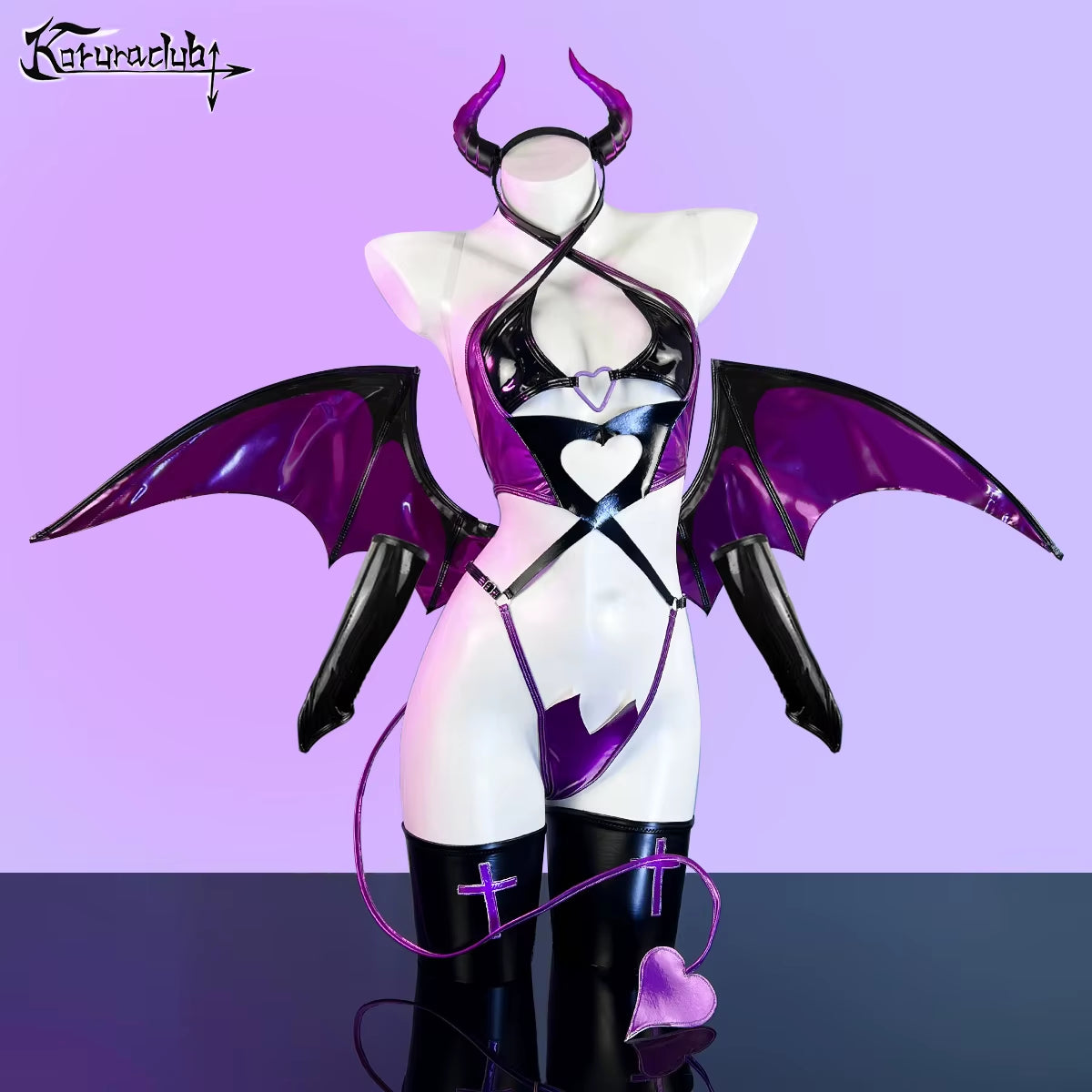 KORURACLUB Women'S Sexy Purple Little Devil Cosplay Costume Red Bat Wings Polyurethane Lingerie