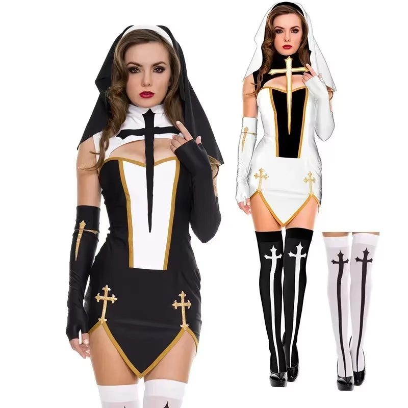 Women'S Sexy Nun Cosplay Costume Carnival Halloween Fantasia Fancy Dress