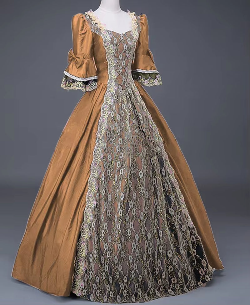 18Th Century Medieval Women High Waist Half Sleeve Ball Gowns Princess Lace Patchwork Satin Dress Queen Renaissance Costume