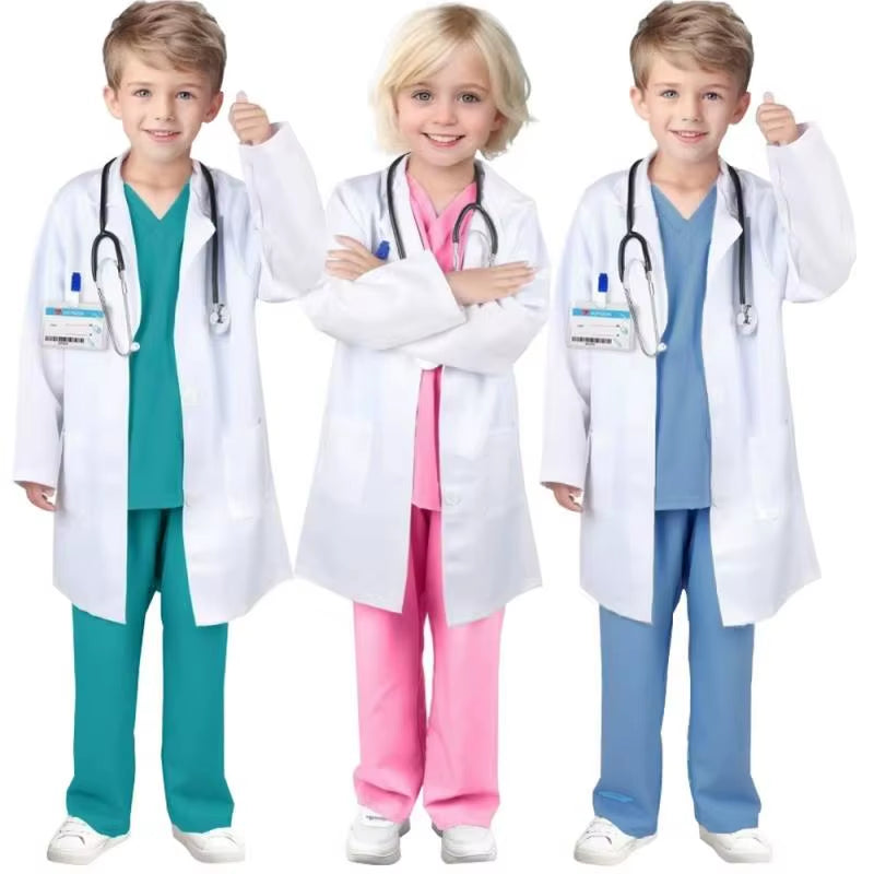 7PCS Unisex Doctor Nurse Costume Set for Role Play Pink/Green/Blue Medical Scrubs with Stethoscope Halloween Dress up Clothes