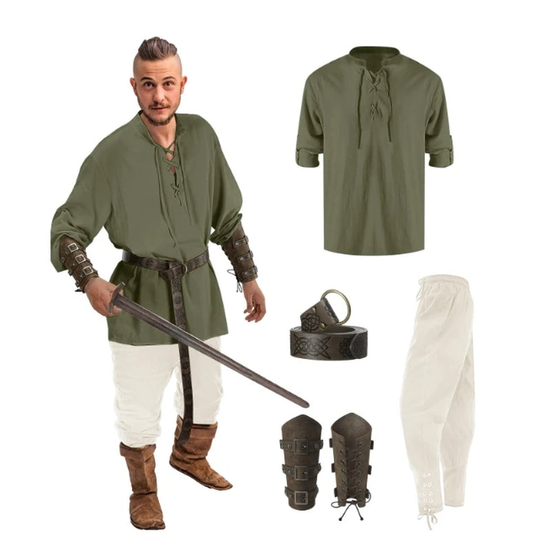 4 Pcs Halloween Men'S Renaissance Costume Set Medieval Pirate Shirt Ankle Banded Pants Viking Belt Accessories
