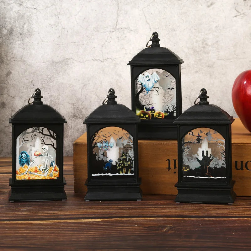 Portable Pumpkin Ghost Castle Lantern Lamp Hanging LED Jack-O-Lanterns Halloween Decoration Party Flame Haunted House Props Gift