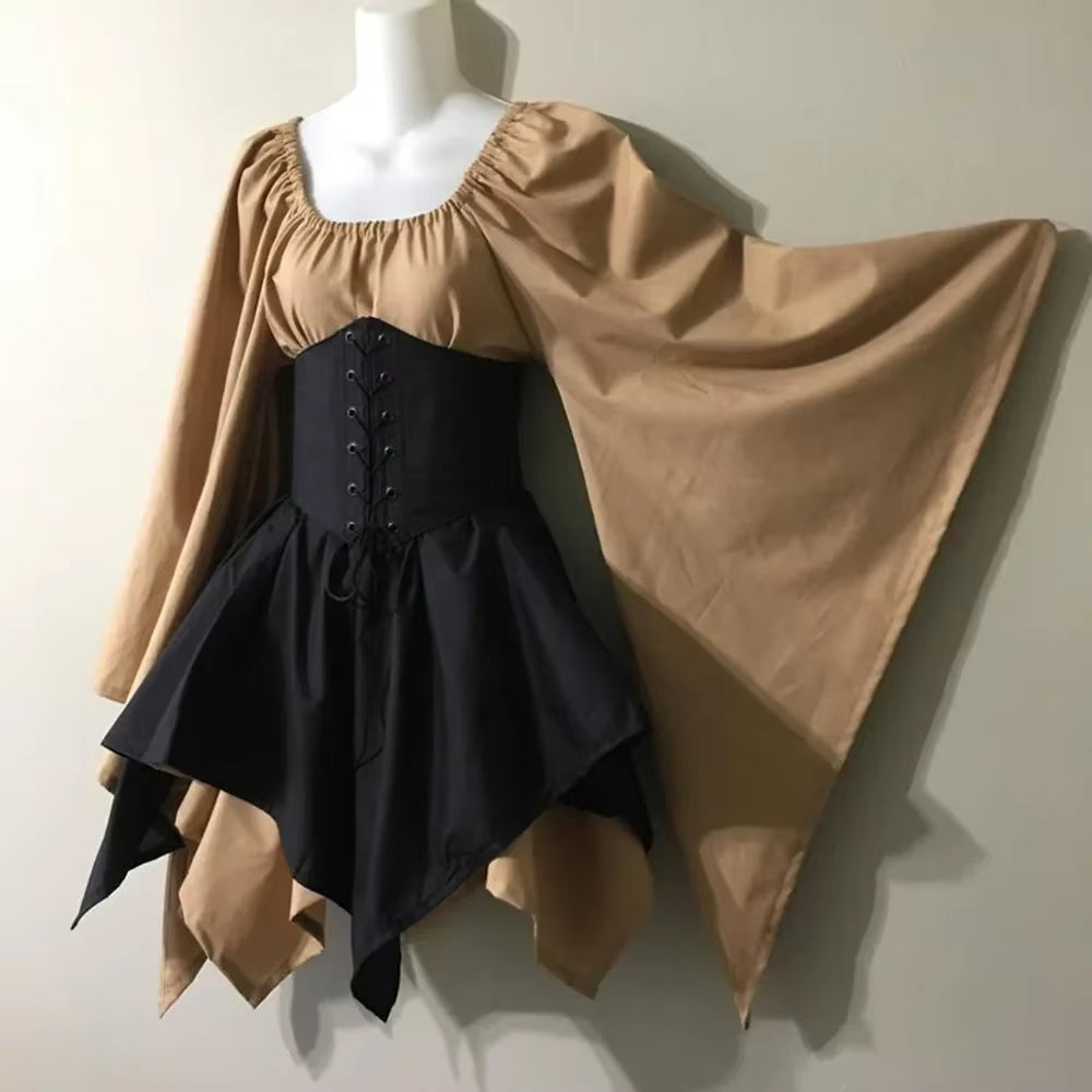 Halloween Cosplay Palace Victoria Medieval Vintage Fairy Elf Costume for Women Princess Bandage Christmas Ptachwork Party Dress
