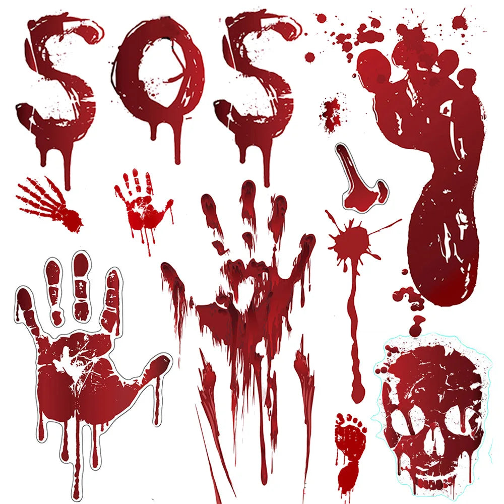 Halloween Wall Doors Windows Stickers Blood Handprint Footprint Skull Pattern Halloween Party Scene Decor Supplies Horror Props