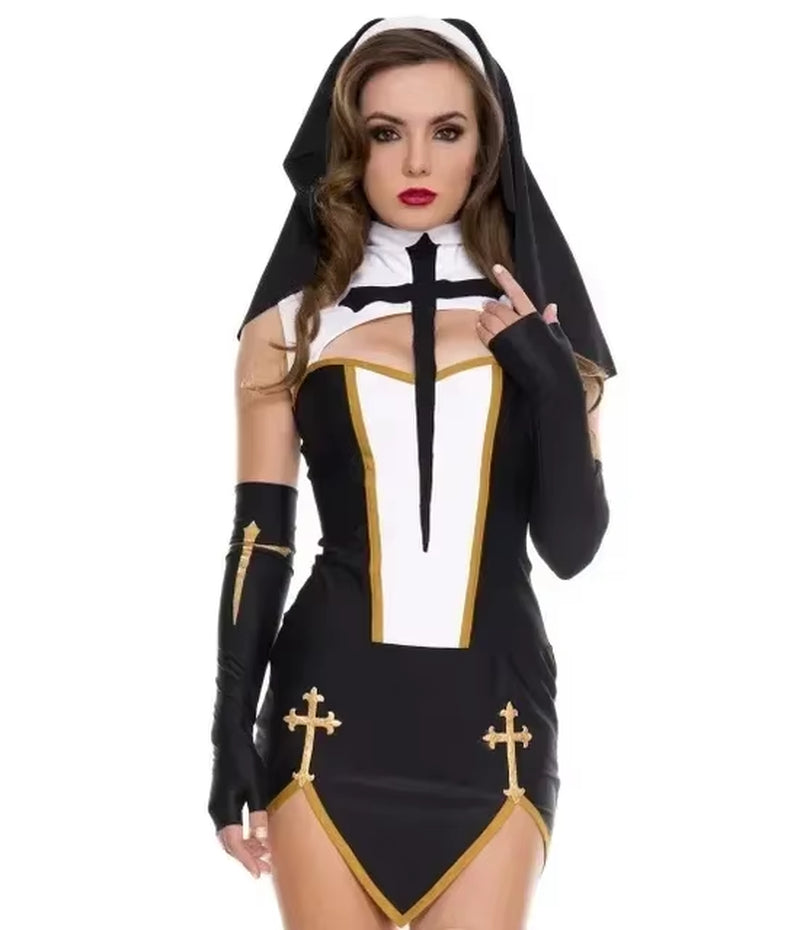 Women'S Sexy Nun Cosplay Costume Carnival Halloween Fantasia Fancy Dress