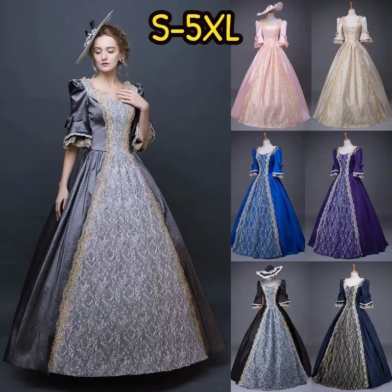 18Th Century Medieval Women High Waist Half Sleeve Ball Gowns Princess Lace Patchwork Satin Dress Queen Renaissance Costume