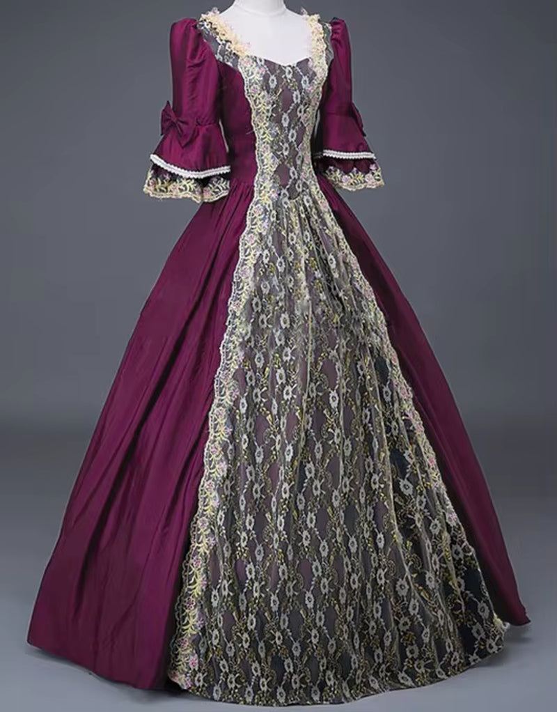18Th Century Medieval Women High Waist Half Sleeve Ball Gowns Princess Lace Patchwork Satin Dress Queen Renaissance Costume