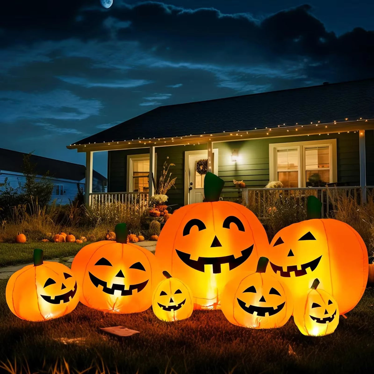 2.2M/7.5FT Inflatable Toy Halloween Pumpkin Pile Outdoor Decoration Halloween Festival 7 Pumpkins Built-In LED Light Garden Prop