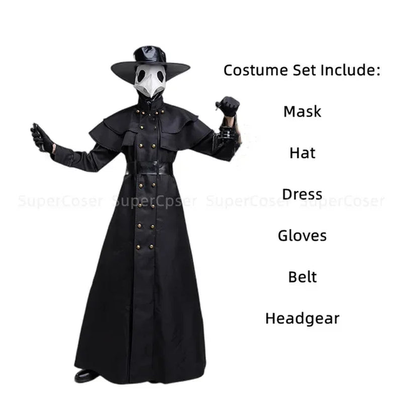 Halloween Medieval Hooded Robe Plague Doctor Costume Mask Hat for Men Monk Cosplay Steampunk Priest Horror Wizard Cloak Cape 5XL