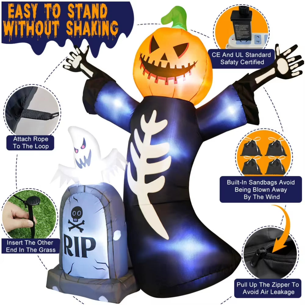 5/8FT Inflatable Halloween Decor Tombstone Ghost Pumpkin Skull Decoration Outdoor Horror House Yard Garden Props Halloween Party