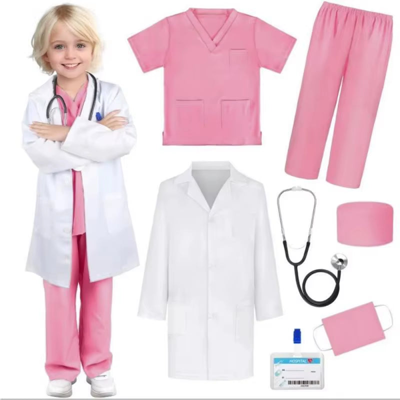 7PCS Unisex Doctor Nurse Costume Set for Role Play Pink/Green/Blue Medical Scrubs with Stethoscope Halloween Dress up Clothes