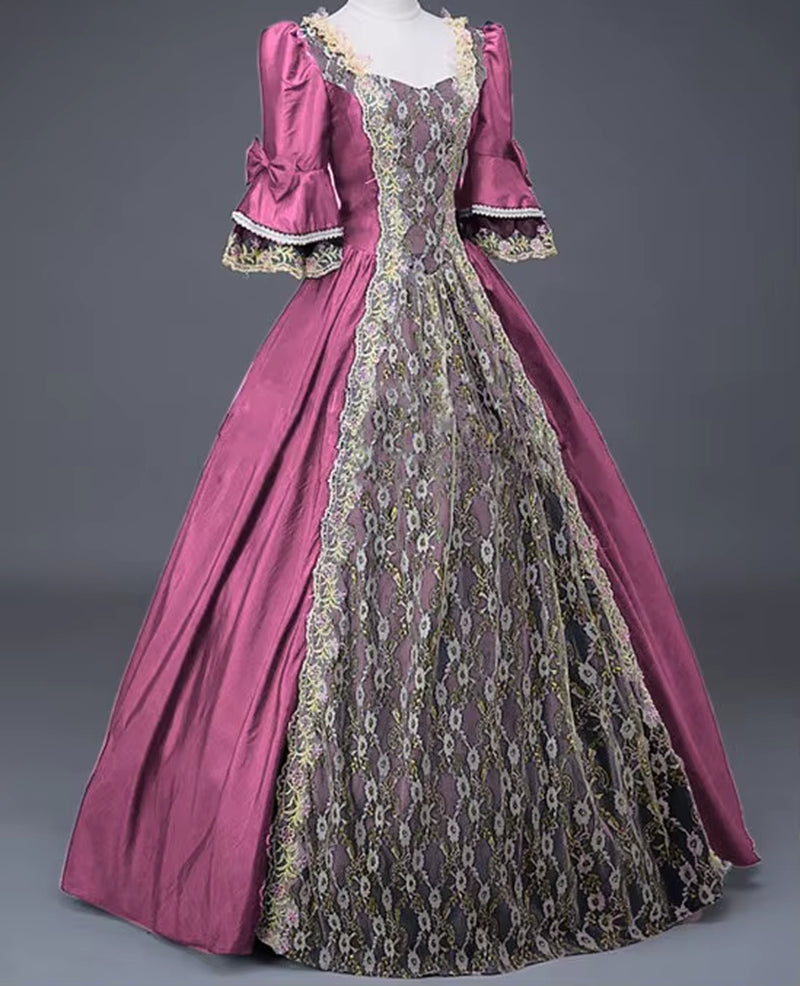 18Th Century Medieval Women High Waist Half Sleeve Ball Gowns Princess Lace Patchwork Satin Dress Queen Renaissance Costume