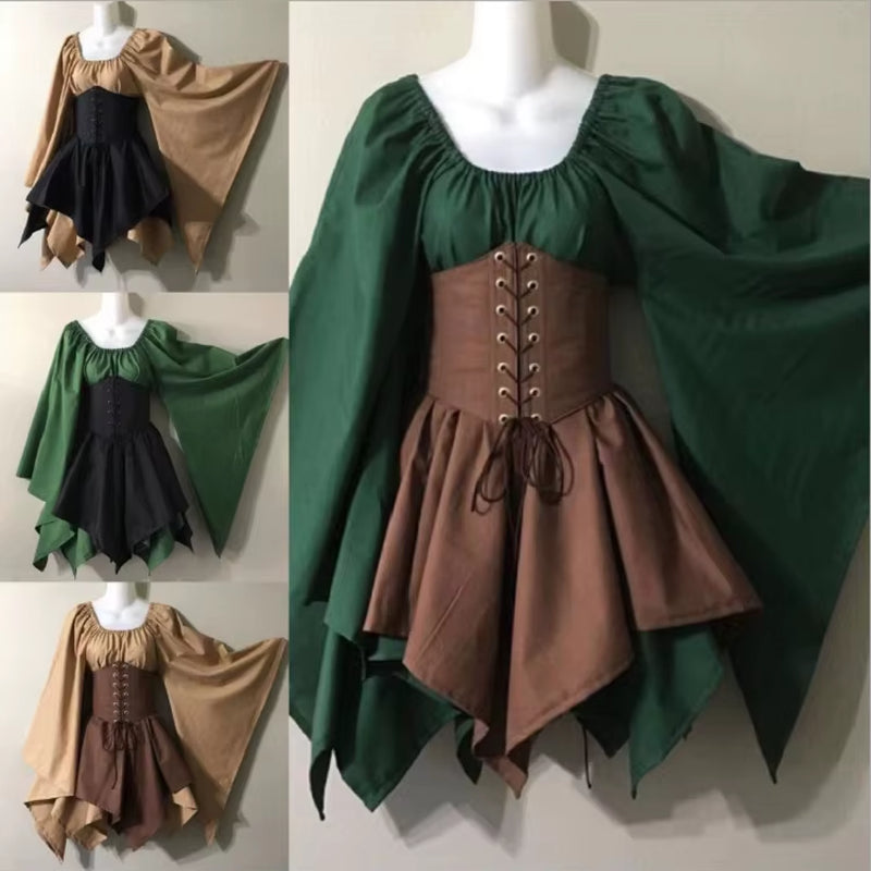 Halloween Cosplay Palace Victoria Medieval Vintage Fairy Elf Costume for Women Princess Bandage Christmas Ptachwork Party Dress