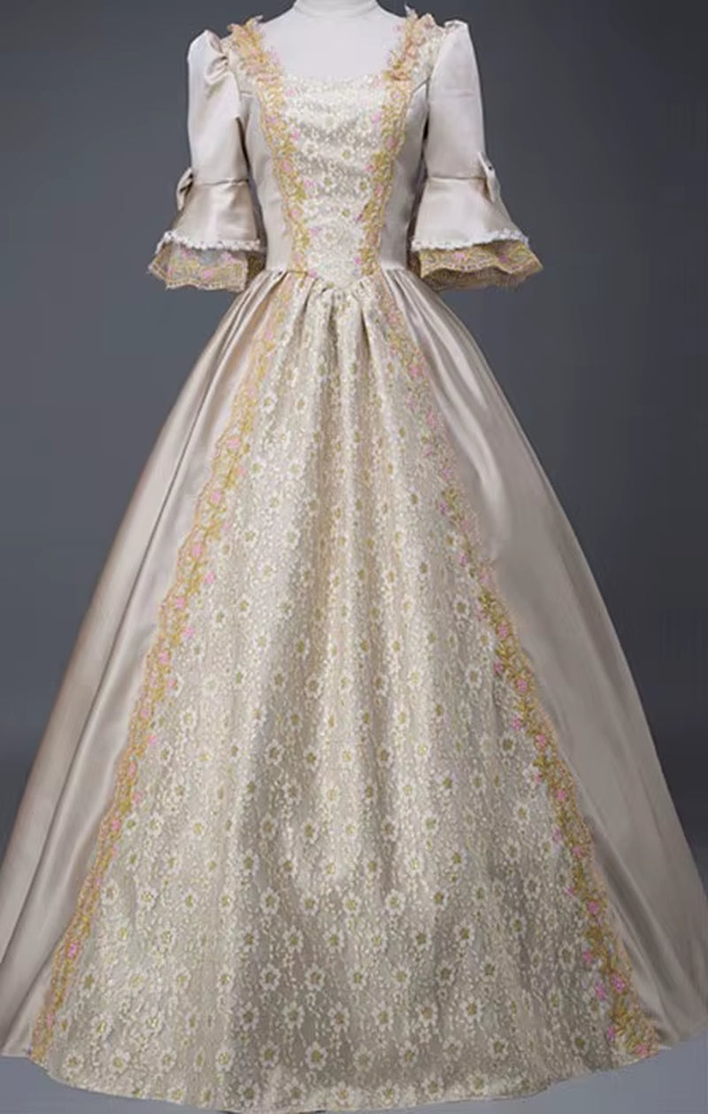 18Th Century Medieval Women High Waist Half Sleeve Ball Gowns Princess Lace Patchwork Satin Dress Queen Renaissance Costume