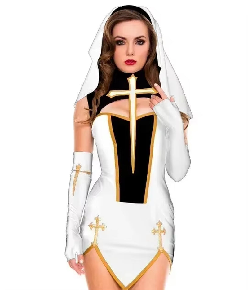 Women'S Sexy Nun Cosplay Costume Carnival Halloween Fantasia Fancy Dress