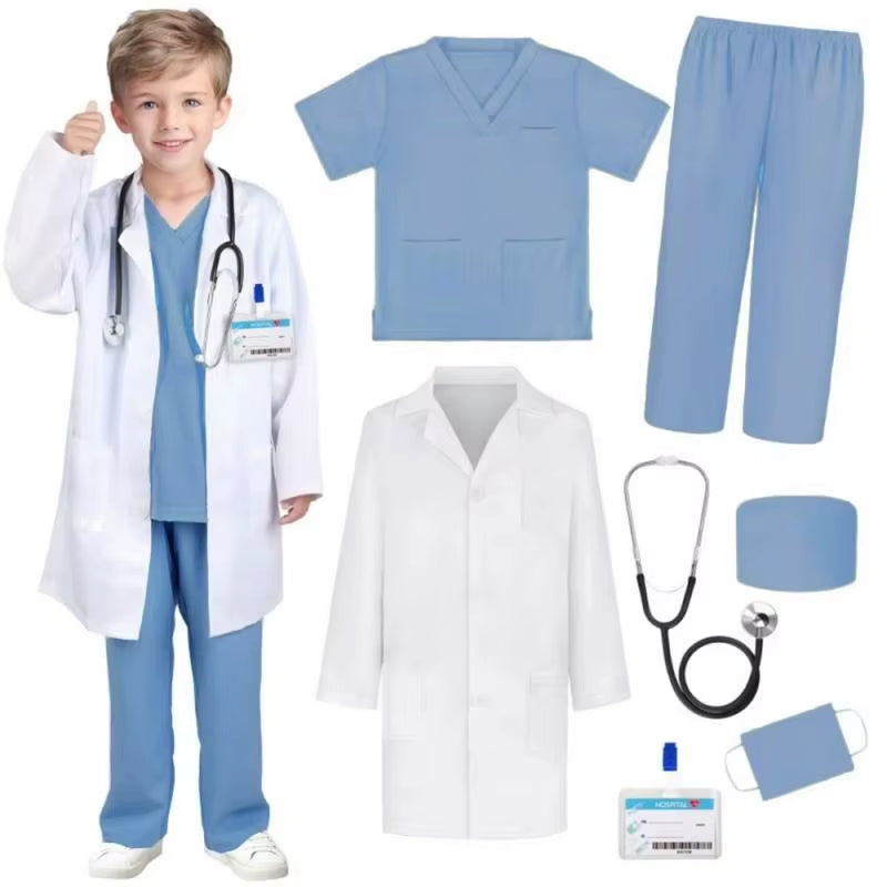 7PCS Unisex Doctor Nurse Costume Set for Role Play Pink/Green/Blue Medical Scrubs with Stethoscope Halloween Dress up Clothes