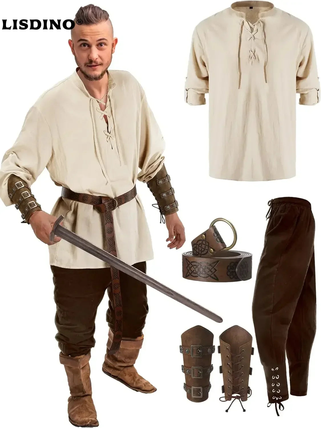 4 Pcs Halloween Men'S Renaissance Costume Set Medieval Pirate Shirt Ankle Banded Pants Viking Belt Accessories