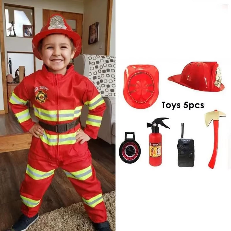 Firefighter Costume Set with Helmet Axe Water Gun Walkie Talkie Outfit Halloween Carnival Party Role Play Uniform