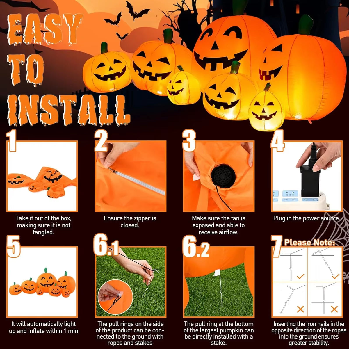 2.2M/7.5FT Inflatable Toy Halloween Pumpkin Pile Outdoor Decoration Halloween Festival 7 Pumpkins Built-In LED Light Garden Prop