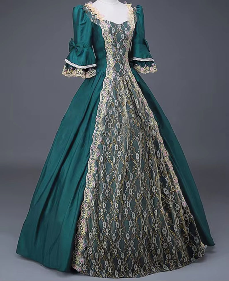 18Th Century Medieval Women High Waist Half Sleeve Ball Gowns Princess Lace Patchwork Satin Dress Queen Renaissance Costume