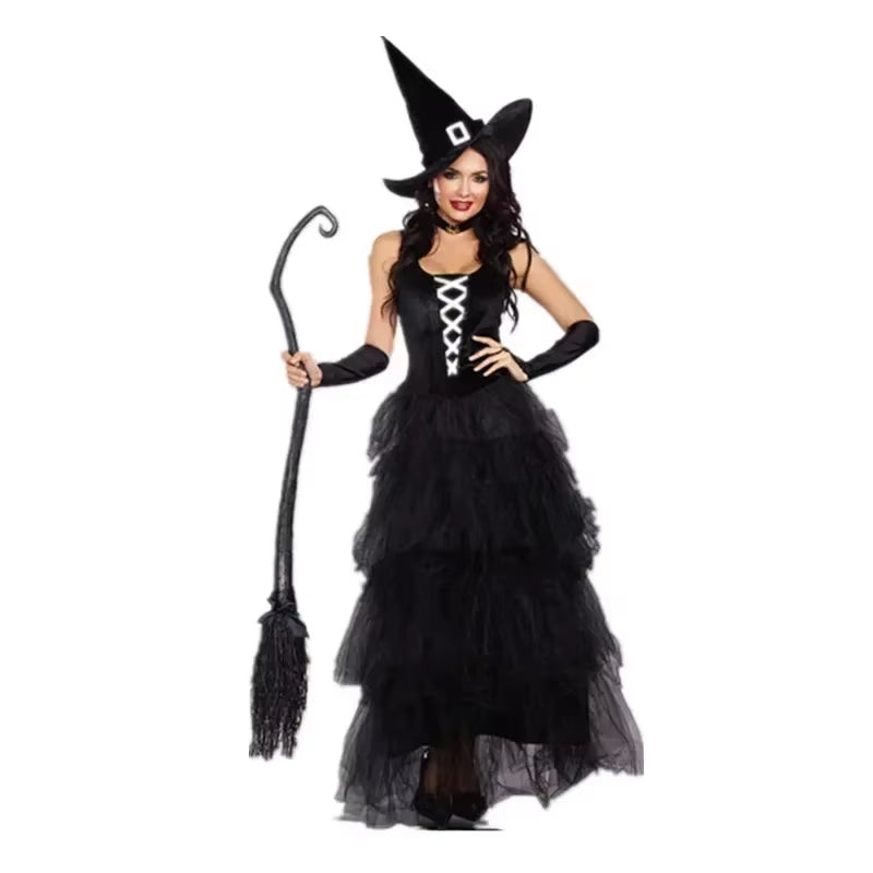 Halloween Witch Costumes for Women Adult Fantasy Black Dress up Party Carnival Performance