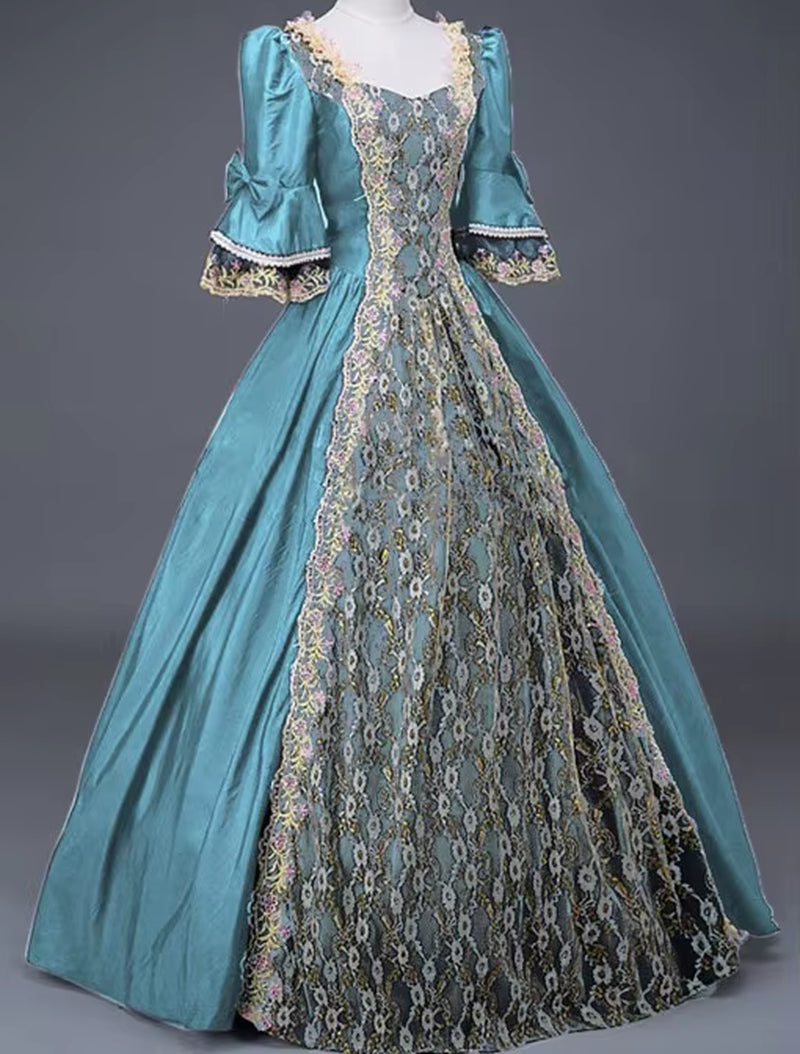 18Th Century Medieval Women High Waist Half Sleeve Ball Gowns Princess Lace Patchwork Satin Dress Queen Renaissance Costume