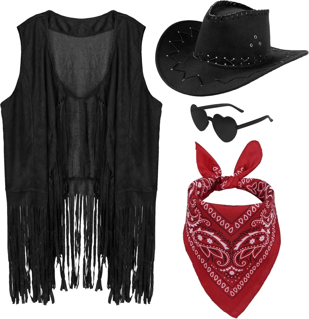 Women Men Cowgirl Costume Western Vest Hat Belt Bandana Set for Cowboy Tassels Fringe Vest Halloween Outfits Wild West Cosplay