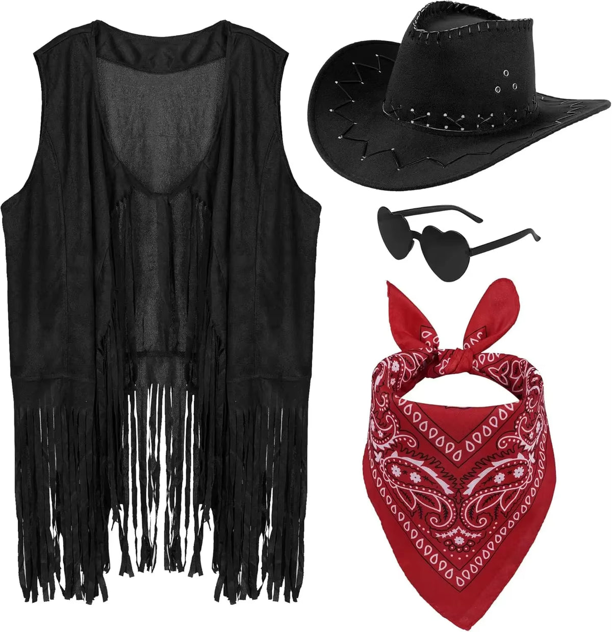 Women Men Cowgirl Costume Western Vest Hat Belt Bandana Set for Cowboy Tassels Fringe Vest Halloween Outfits Wild West Cosplay
