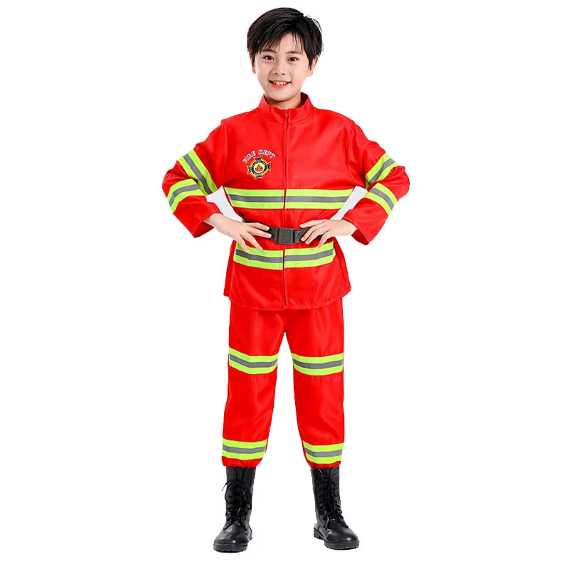 Firefighter Costume Set with Helmet Axe Water Gun Walkie Talkie Outfit Halloween Carnival Party Role Play Uniform